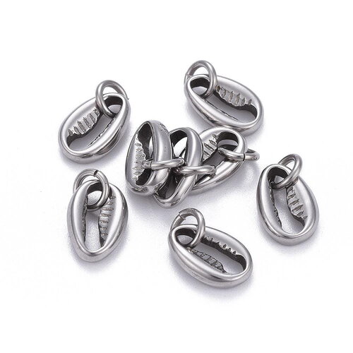 Pendentif coquillage argenté 11,5 mm acier inoxydable - breloque cauri - breloque coquillage - unité