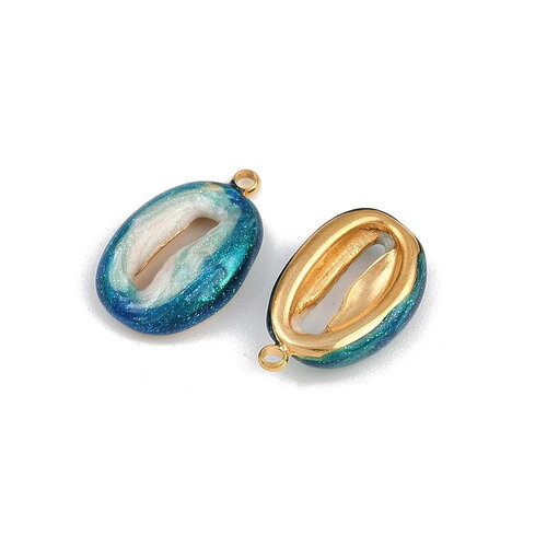 Pendentif coquillage émaillé coquillage doré et bleu 17,5 mm - breloque cauri - unité