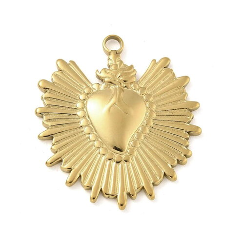 Pendentif cœur ex voto doré en acier 304 inoxydable 30 mm cœur doré