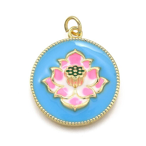 Pendentif émaillé fleur de lotus bleu ciel &amp; rose