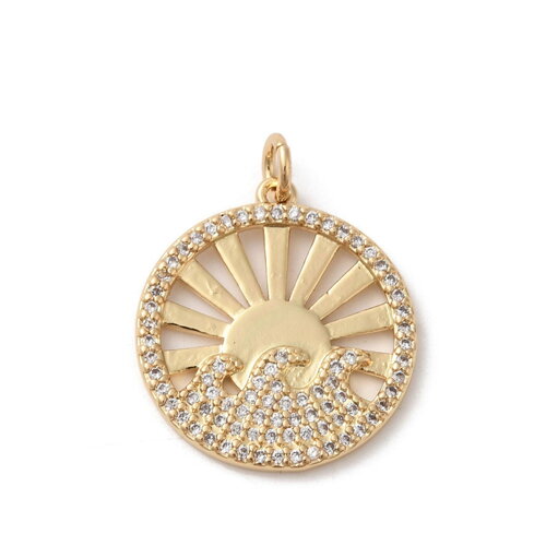 Pendentif soleil plaqué or breloque doré médaille soleil et vagues