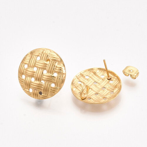 Support boucle d'oreille rond imitation rotin en acier inoxydable 304 doré 20 mm puce d'oreille doré