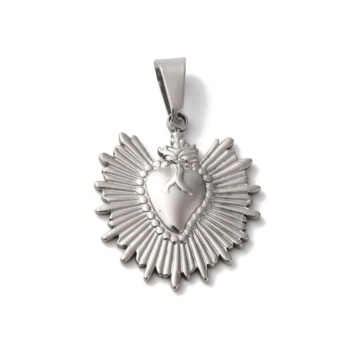 Pendentif cœur ex voto argenté en acier inoxydable 304 29,5 mm cœur argenté