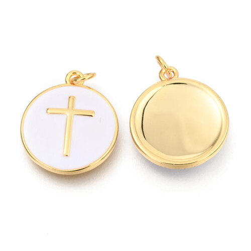 Pendentif rond motif croix plaqué ou pendentif émaillé blanc 17 mm