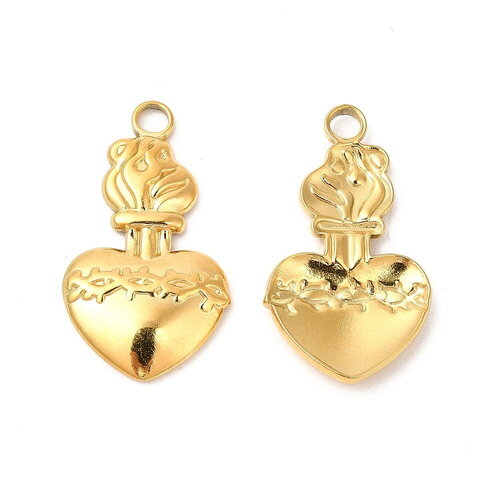 Pendentif cœur ex voto en acier inoxydable 304 doré cœur sacré
