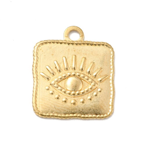 Pendentif médaille carrée rectangle œil protecteur 22 mm en laiton doré pendentif porte bonheur breloque chance