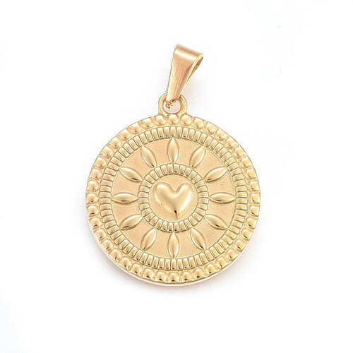 Pendentif cœur ex voto doré en acier inoxydable 28 mm cœur doré