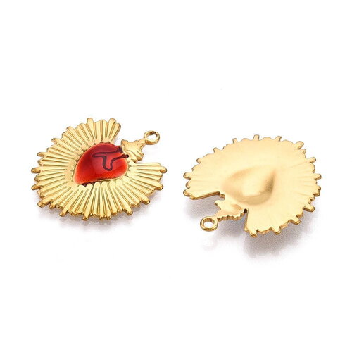 Pendentif cœur ex voto doré en acier 304 inoxydable 30 mm cœur rouge