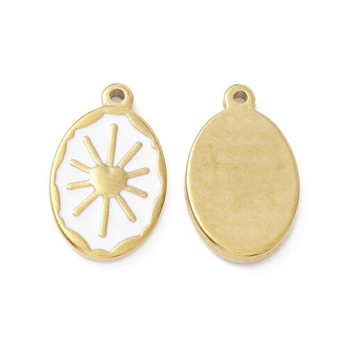 Pendentif ovale motif cœur en acier inoxydable pendentif émaillé blanc 23,5 mm