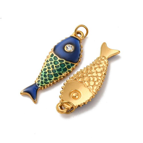 Pendentif poisson en acier inoxydable 304 doré 23 mm breloque poisson émail