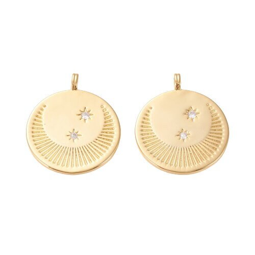 Pendentif médaille lune et étoile 26 mm plaqué or 20k étoile en zircon cubique