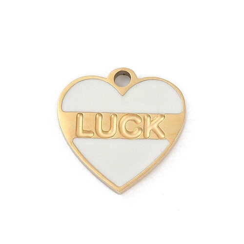Pendentif cœur porte bonheur acier inoxydable doré émaillé breloque cœur