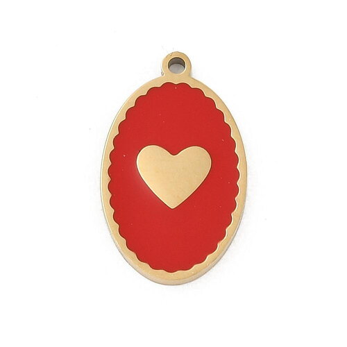 Pendentif ovale motif cœur en acier inoxydable pendentif émaillé rouge foncé 18 mm