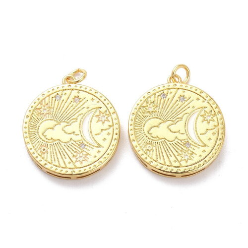 Pendentif médaille lune et étoile 22 mm plaqué or 18 carats étoile en zirconium cubique
