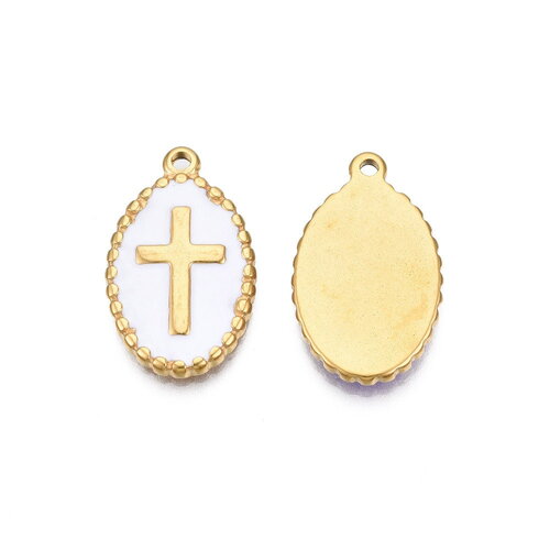 Pendentif ovale motif croix en acier inoxydable pendentif émaillé blanc 23 mm