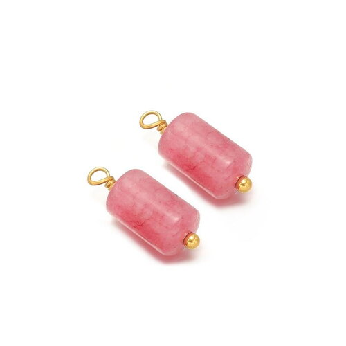 2 pendentifs en jade rose naturel pierre cylindrique attaché en acier inoxydable doré