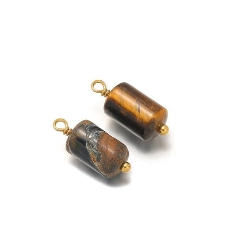 2 pendentifs en œil de tigre naturel pierre cylindrique attache en acier inoxydable doré