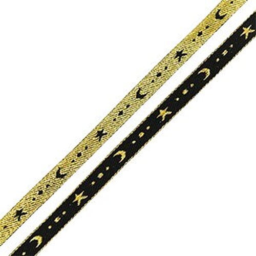 1 métré ruban noir et doré lune et étoile ruban tissé pour bracelet 10 mm de largeur - 230804