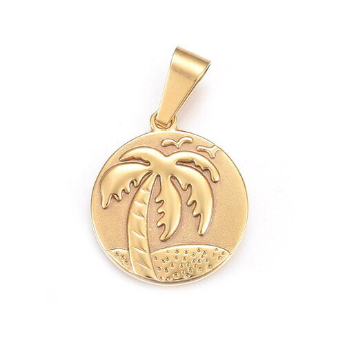 Pendentif médaille ronde palmier acier doré 25 mm