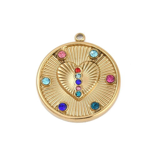 Pendentif rond motif cœur en acier inoxydable médaille cœur doré