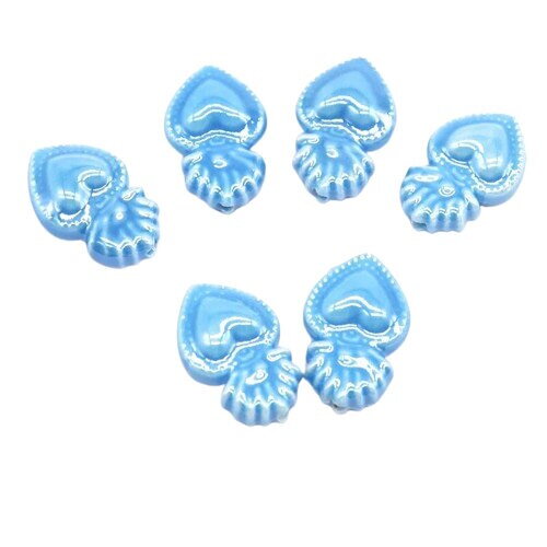 2 perles coeur ex voto porcelaine bleu irisé 16 x 10 mm perle céramique cœur flamboyant