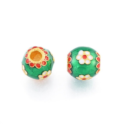 Perle fleur email vert 9,5 mm perle ronde doré mat email vert