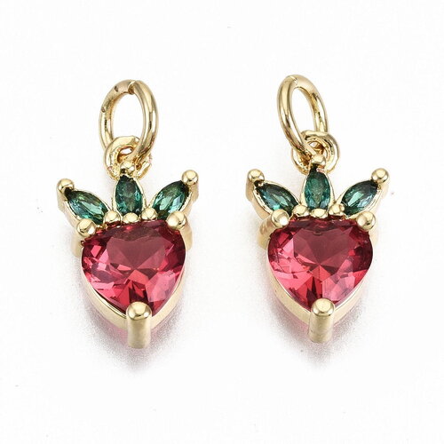 Pendentif fraise laiton doré zircones rouges et vertes 13 mm pendentif fruit