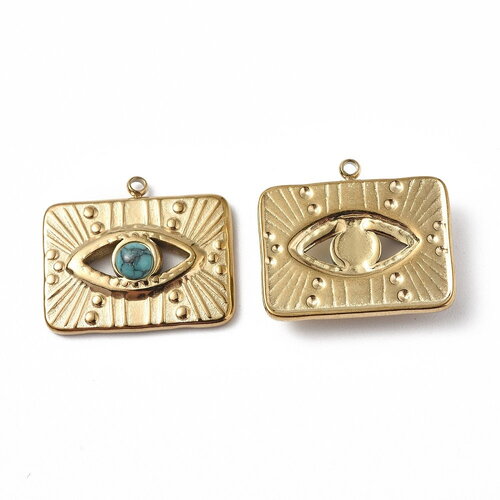 Pendentif médaille rectangle œil protecteur 17,5 mm en acier inoxydable doré pendentif porte bonheur breloque chance