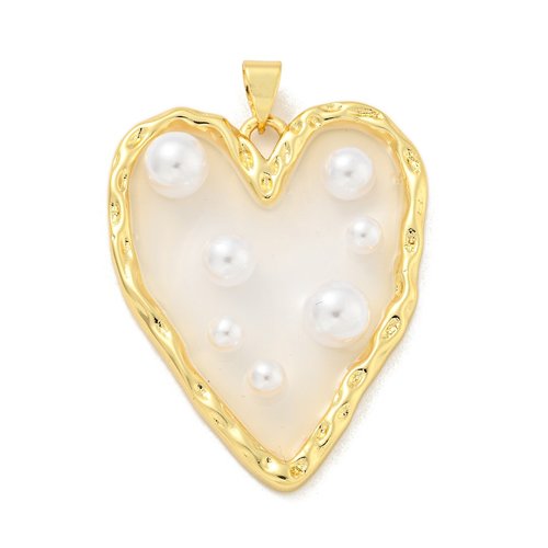 Pendentif cœur en résine et perles – laiton plaqué or 18k, 35x28 mm