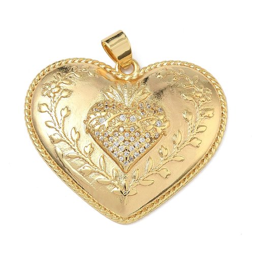 Pendentif cœur sacré ex-voto – laiton plaqué or 16k, zircons transparents, 30,5x35,5 mm