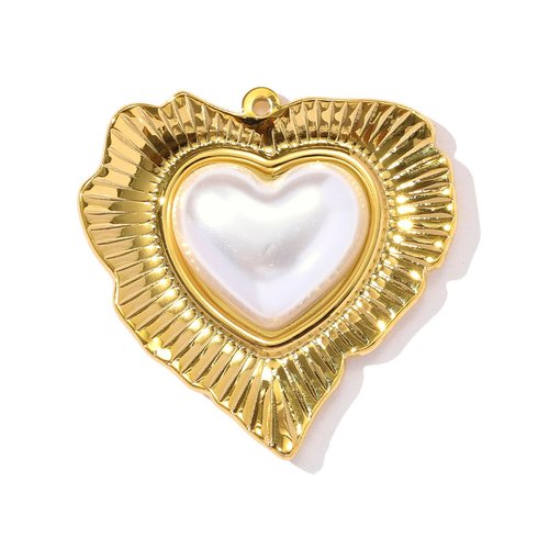 Pendentif cœur doré avec perle blanche – acier inoxydable 38 mm