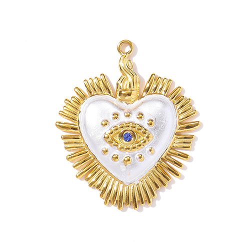 Pendentif cœur sacré doré avec strass bleu – acier inoxydable , émaillé blanc, 34x29 mm