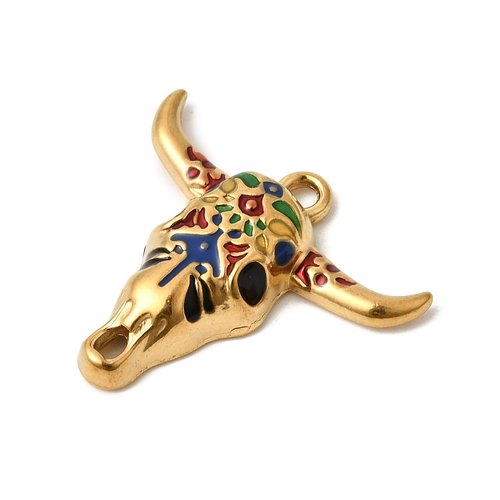 Pendentif crâne de taureau émaillé – acier inoxydable 304 plaqué or 18k