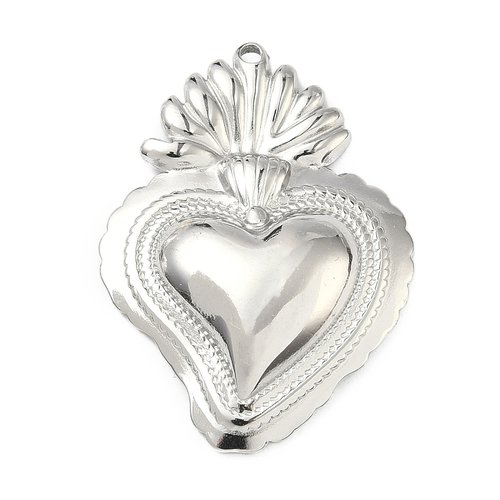 Pendentif cœur sacré argenté – acier inoxydable 304