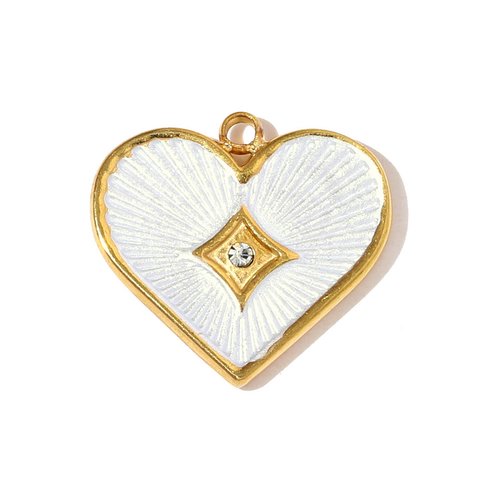 Pendentif cœur émaillé blanc avec strass – acier inoxydable 304 plaqué or 18k