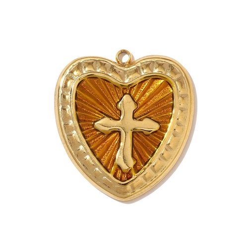 Pendentif cœur avec croix – acier inoxydable 304 émaillé plaqué or 18k