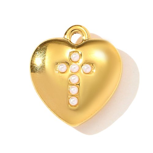 Pendentif cœur avec croix et perles – acier inoxydable 304 plaqué or 18k