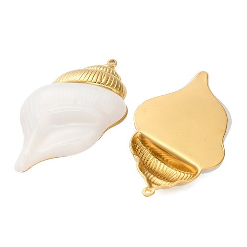 Grand pendentif coquillage conque – acrylique & acier inoxydable plaqué or 18k
