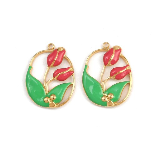Breloque tulipes émaillées – acier inoxydable 304 plaqué or 18k