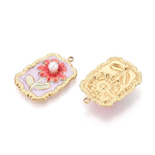 Breloque fleur rectangulaire avec perle – acier inoxydable 304 plaqué or 18k