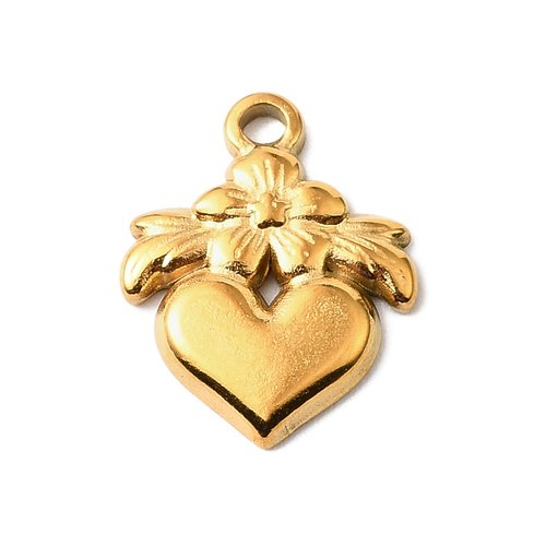 Breloque cœur et fleur – acier inoxydable 304 doré