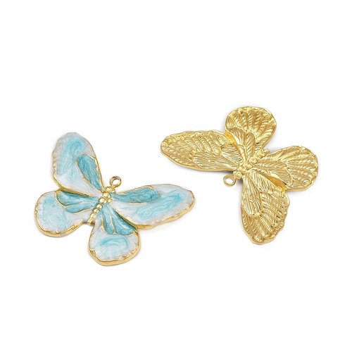 Breloque papillon émaillée bleu clair – acier inoxydable 304 plaqué or 18k