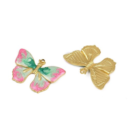 Breloque papillon émaillée rose et vert – acier inoxydable 304 plaqué or 18k
