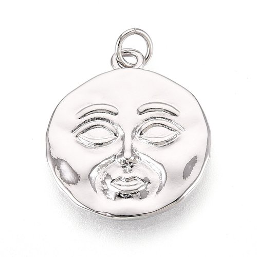 Pendentif visage lune argenté, rond laiton, charm astral