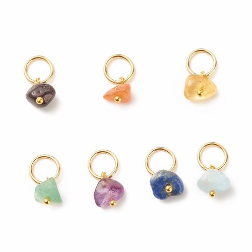 2 breloques en aigue-marine naturelle avec anneaux dorés – pendentifs pépites en pierre bleu clair