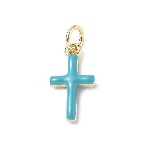 Pendentif croix émaillée bleue en laiton plaqué or – petite breloque religieuse 15 mm