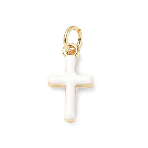 Pendentif croix émaillée blanche en laiton plaqué or – petite breloque religieuse 15 mm