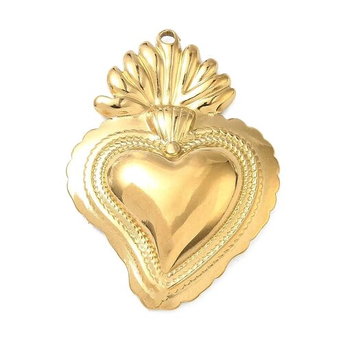 Pendentif cœur sacré ex-voto doré en acier inoxydable 304 plaqué or 18 carats – 34 mm