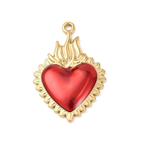 Pendentif cœur sacré ex-voto rouge émaillé et doré en acier inoxydable 304 – porte-bonheur 30,5 mm