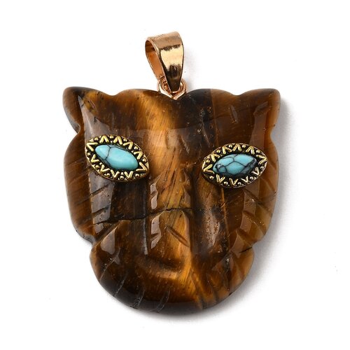 Pendentif tête de léopard en œil de tigre naturel, yeux turquoise et détails dorés – 32,5 mm